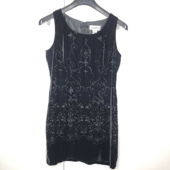 90s Vintage Embossed Velvet Dress Black Sleeveless - Picture 1 of 6